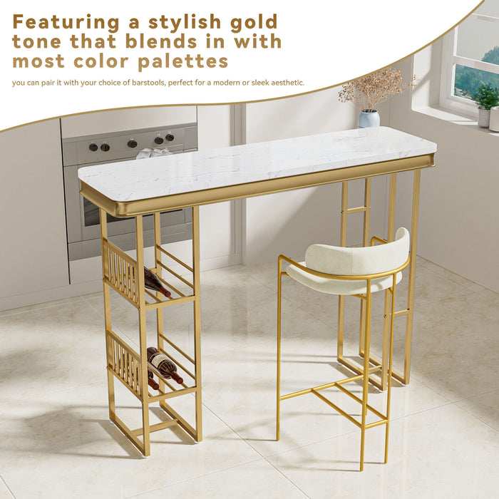 Modern Straight Bar Table With Shelves - White / Gold