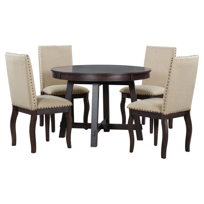 Farmhouse Dining Table Set Wood Round Extendable Dining Table And Upholstered Dining Chairs