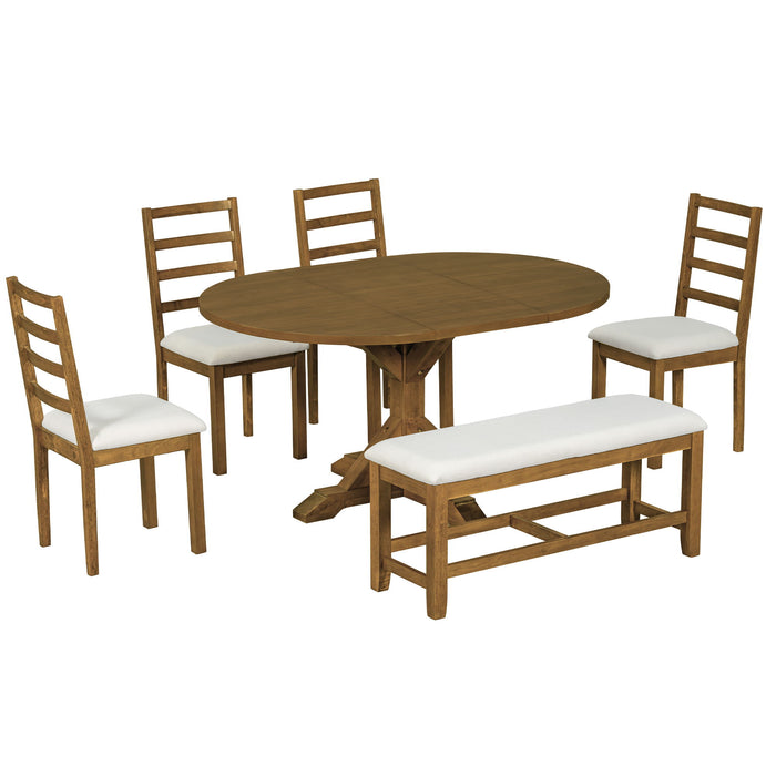 Topmax - 6 Piece Farmhouse Extendable Pedestal Dining Table Set With 18Inch Removable Leaf, Bench And 4 Ladder Back Dining Chairs