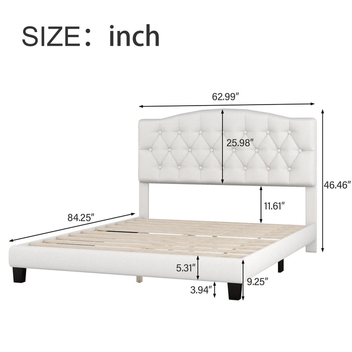 Queen Upholstered Platform Bed With Saddle Curved Headboard And Diamond Tufted Details - Beige