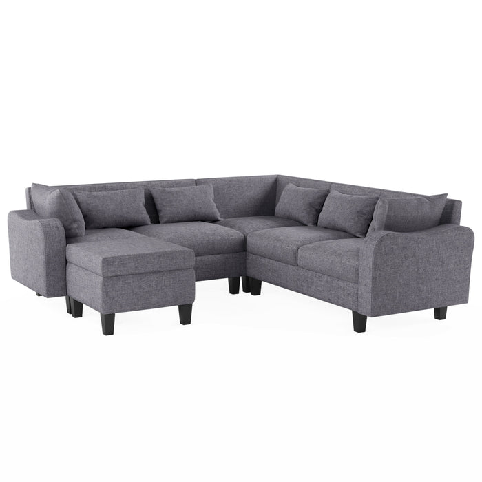 Modern Sectional Sofa With Coffee Table, 6 Seat Couch Set With Storage Ottoman, Various Combinations, L-Shape Indoor Furniture With Unique Armrests For Living Room (6 Pillows)