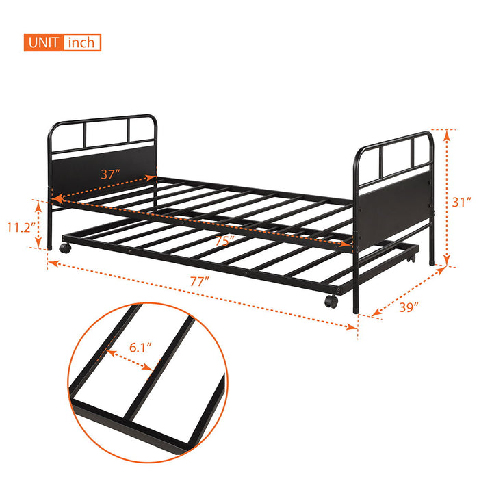 Twin Size Metal Daybed Platform Bed Frame With Trundle Built In Casters - Black