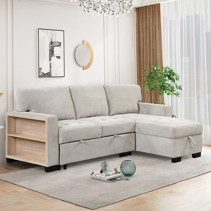 Stylish And Functional Light Chaise Lounge Sectional With Storage Rack Pull-Out Bed Drop Down Table And USB Charger