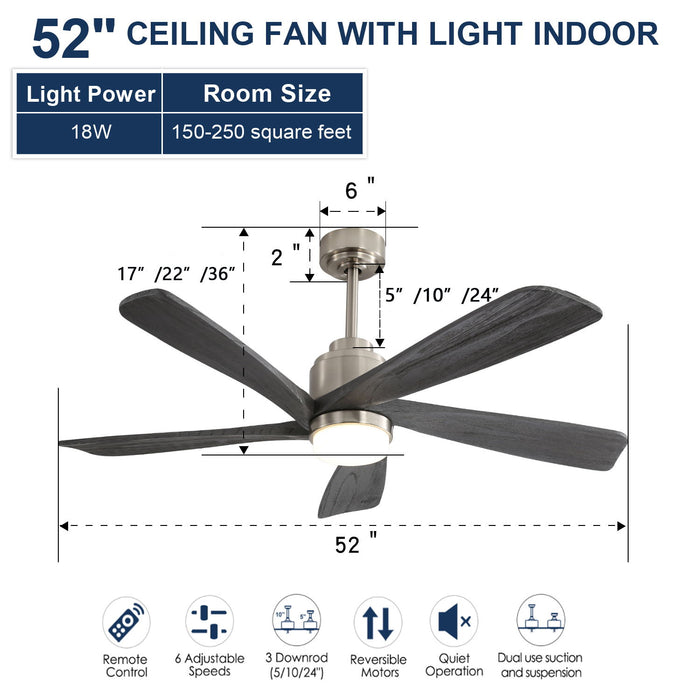 Modern Ceiling Fan With Dimmable LED Light 5 Solid Wood Blades Remote Control Reversible Dc Motor With Smart App Control - Nickel