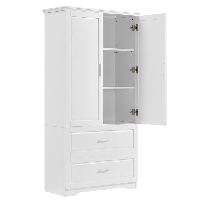 Tall Bathroom Storage Cabinet, Cabinet With Two Doors And Drawers, Adjustable Shelf, MDF Board - White