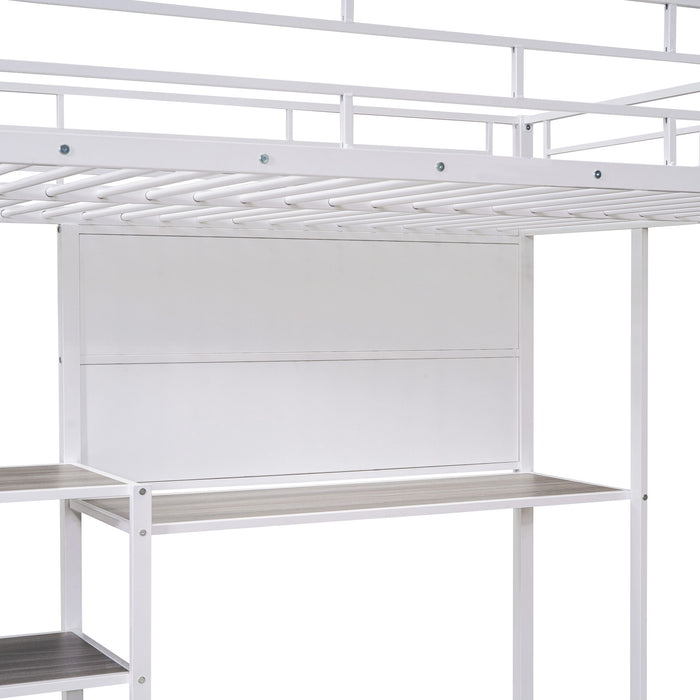 Loft Bed With Desk And Whiteboard, Metal Loft Bed With 3 Shelves And Ladder