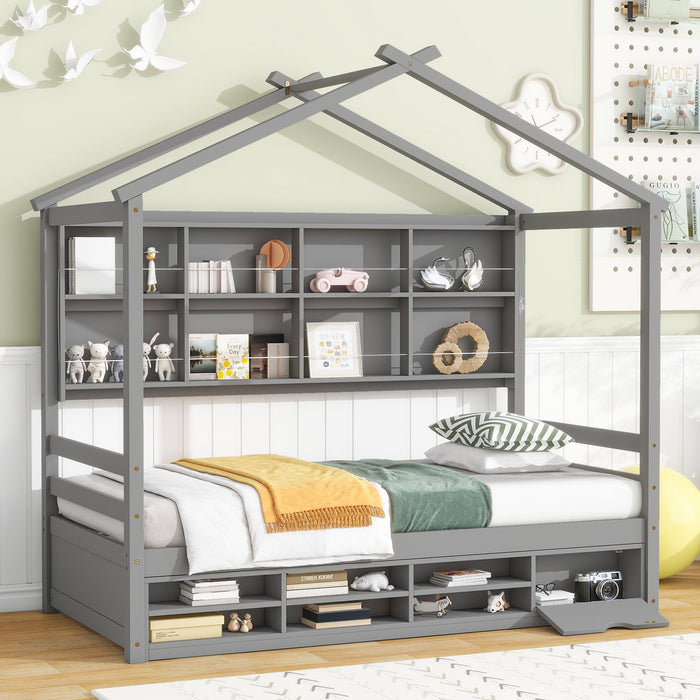 House Bed With Roof Frame, Bedside-Shelves, Under Bed Storage Unit