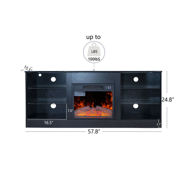 Fireplace TV Stand With 18" Electric Fireplace Heater, Modern Entertainment Center For TVs Up To 62" With Adjustable Glass Shelves And Storage Cabinets