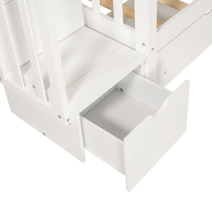 Full Over Full Bunk Bed With Shelves And 6 Storage Drawers - White
