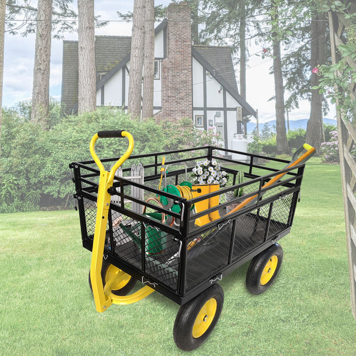 Steel Garden Cart, Heavy Duty 1400 Lbs Capacity, With Removable Mesh Sides To Convert Into Flatbed, Utility Metal Wagon With 2-In-1 Handle And 16 In Tires, Perfect For Garden, Farm, Yard - Black