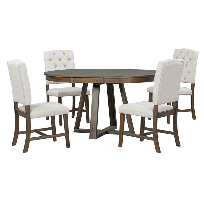 Retro Functional Dining Set, Round Table With Leaf And Upholstered Chairs For Dining Room And Living Room