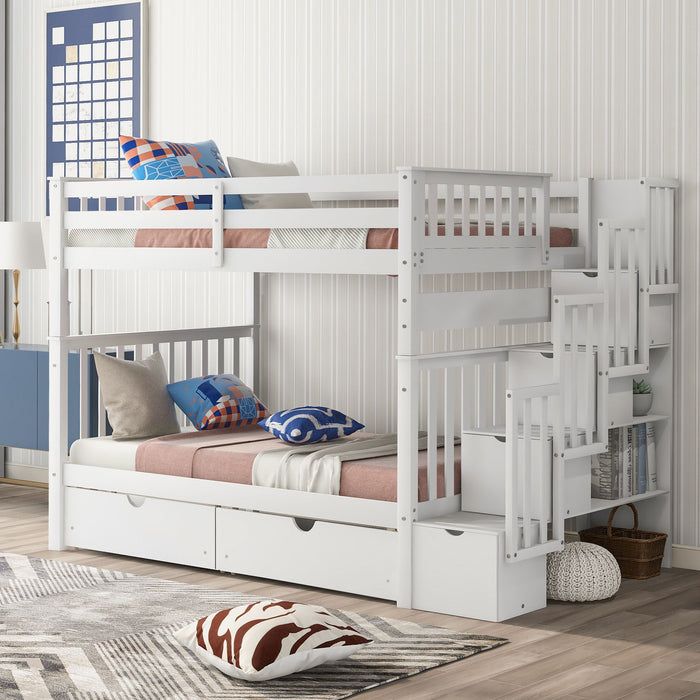 Full Over Full Bunk Bed With Shelves And 6 Storage Drawers - White