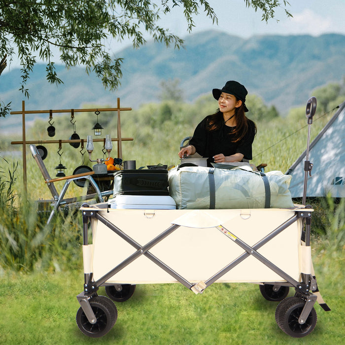 Aluminum Alloy Folding Wagon, Heavy Duty Utility Beach Wagon Cart For Sand With Big Wheels, Adjustable Handle & Drink Holders For Shopping, Camping, Garden And Outdoor