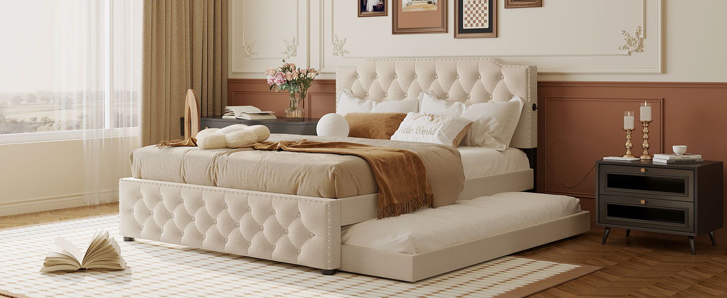 Upholstered Platform Bed With Twin Size Trundle And 2 Sets Of USB Ports On Each Side, Linen Fabric