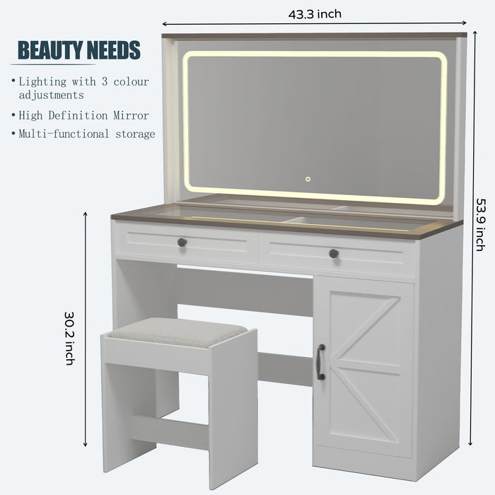 Makeup Vanity Table, Makeup Table With Large Mirror And LED Light Strip, Brightness Adjustable, Dressing Table Desk With 3 Drawers, Vanity Desk For Women (With Stool)