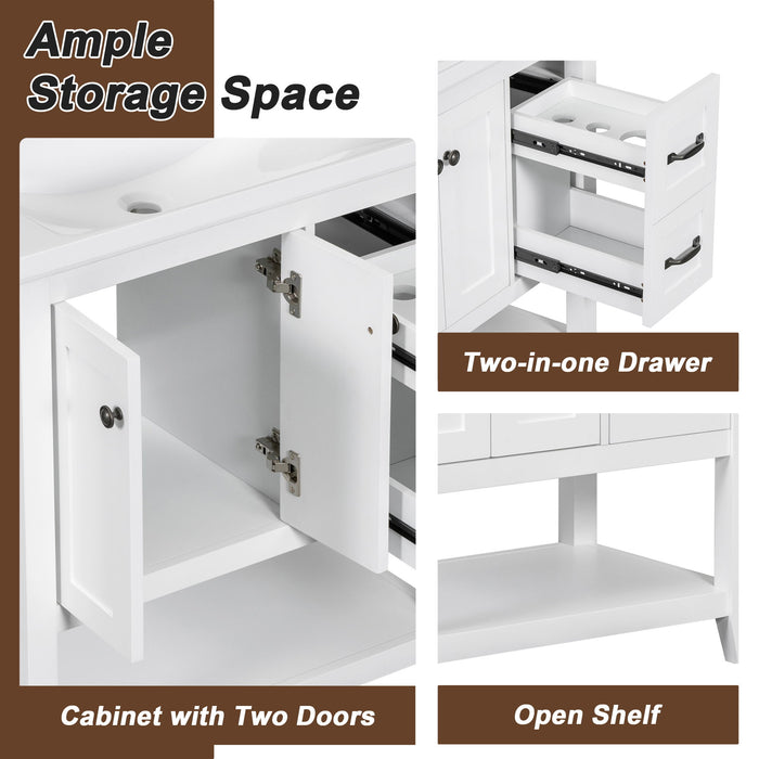 Bathroom Vanity With Ceramic Sink Top, Vanity Cabinet With Multi-Functional Drawer, Solid Wood Legs - White