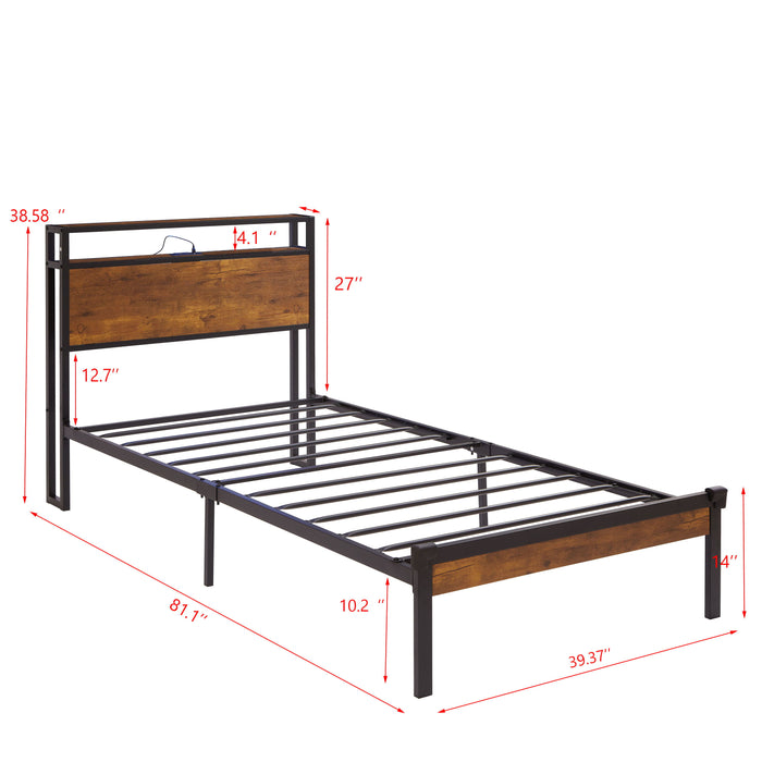 Twin Size Metal Platform Bed Frame With Wooden Headboard And Footboard With USB Liner, LED Lights, No Box Spring Needed, Large Under Bed Storage - Brown