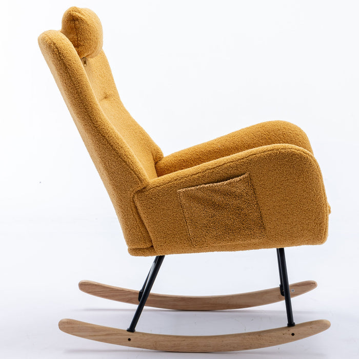 35.5" Rocking Chair With Pocket, Soft Teddy Fabric Rocking Chair For Nursery, Comfy Wingback Glider Rocker With Safe Solid Wood Base For Living Room Bedroom Balcony - Turmeric