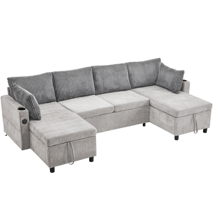 Sectional Sofa Pull Out Sofa Bed Versatile Sofa Sleeper With Large Storage Space, Two USB Ports And Two Cup Holders For Living Room