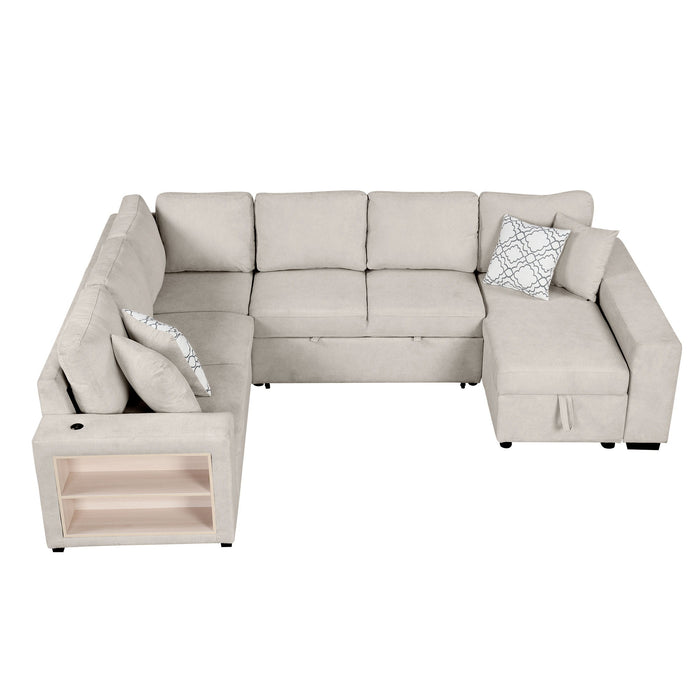 U-Shaped Sectional Sofa Pull-Out Sofa Bed With Two USB Ports, A Storage Chaise Lounge And Four Back Pillows For Living Room