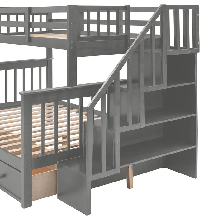 Twin Over Full Stairway Bunk Bed With Drawer, Storage And Guard Rail For Bedroom, Dorm, For Adults