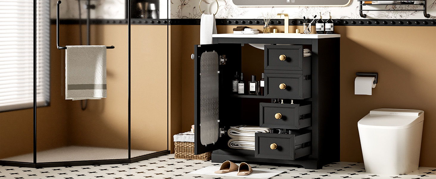 Bathroom Vanity With A Soft Close Glass Door, Adjustable Shelves, And Three Drawers