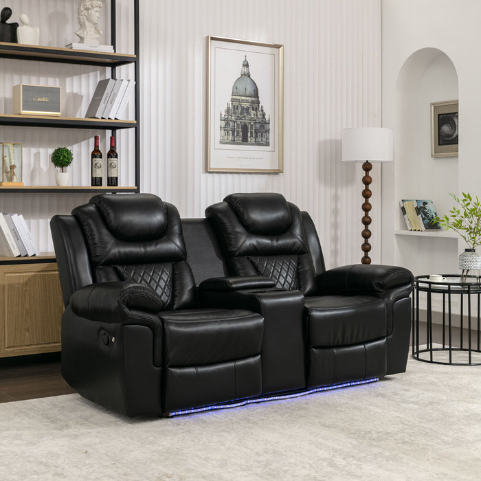 Home Theater Seating Manual Recliner Loveseat With Hide-Away Storage, Cup Holders And Led Light Strip For Living Room