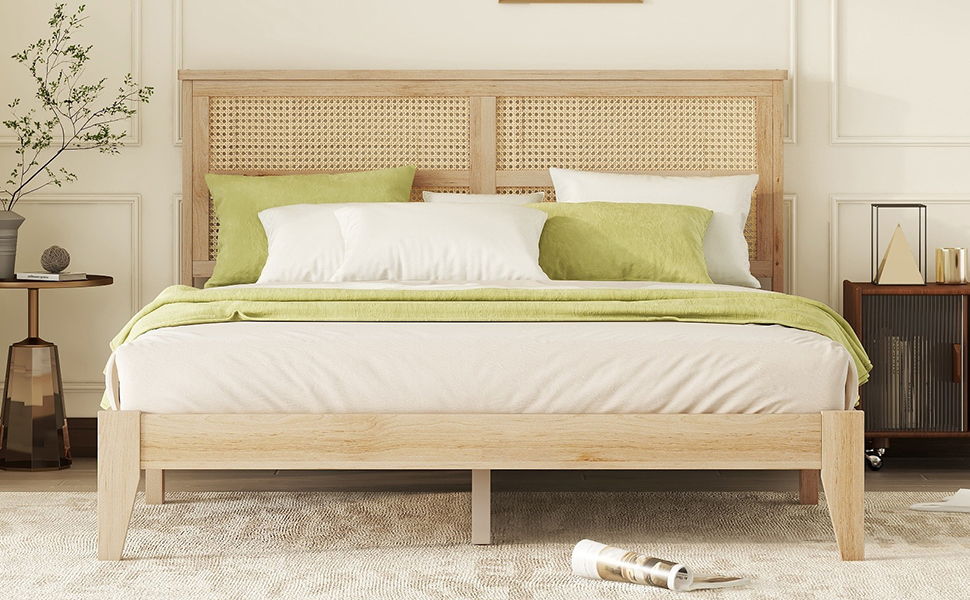 Queen Size Rubber Wooden, Solid Wooden Bed With Rattan Headboard, Enhanced By Support Feet - Natural