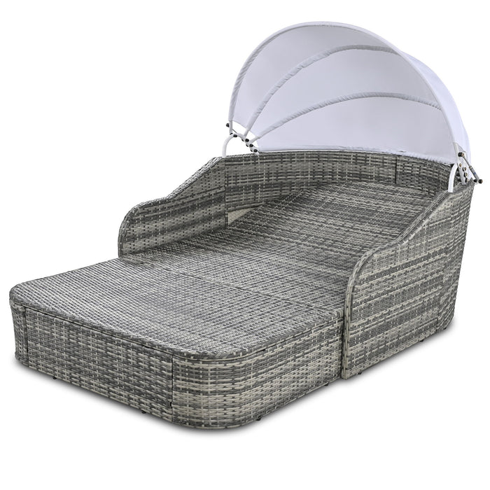 Outdoor Sunbed With Adjustable Canopy, Daybed With Pillows, Double Lounge, PE Rattan Daybed