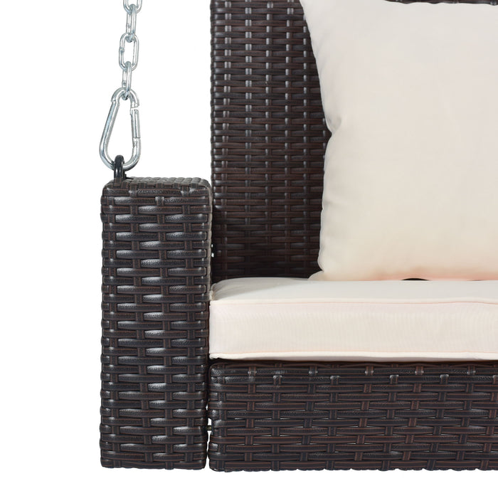 2 Person Wicker Hanging Porch Swing With Chains, Cushion, Pillow, Rattan Swing Bench For Garden, Backyard