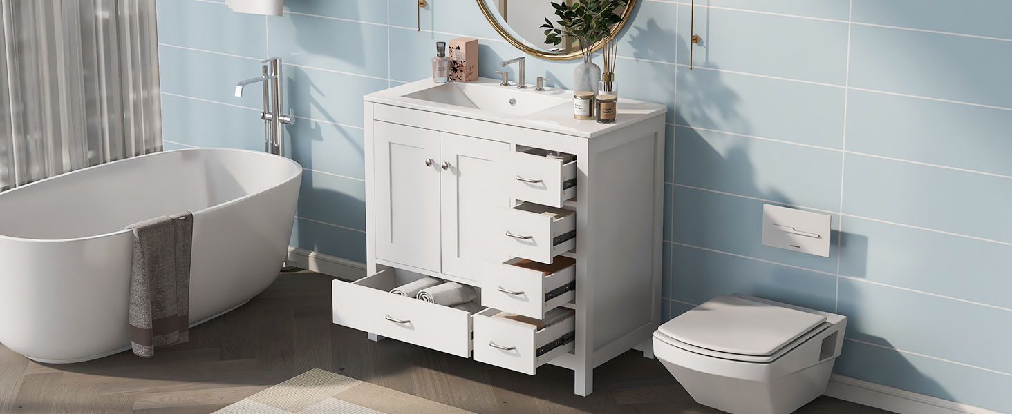 Bathroom Vanity With Ceramic Sink Combo, Abundant Storage Cabinet -2 Soft-Close Doors And 5 Drawers