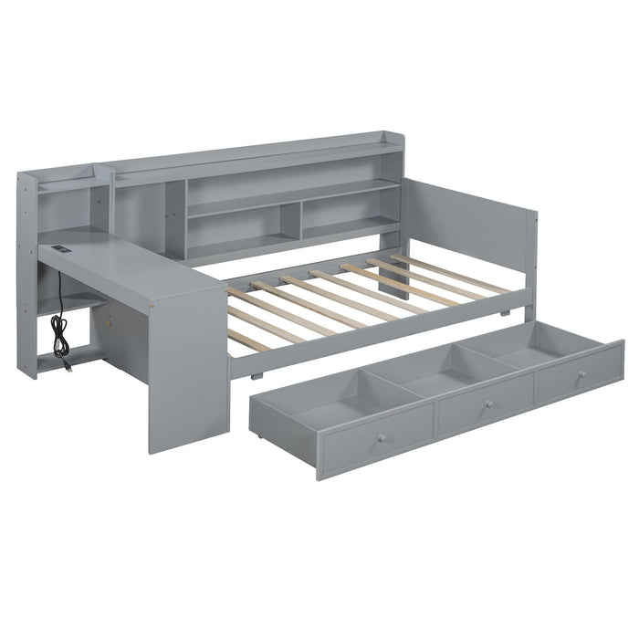 Wooden Daybed With 3 Drawers, USB Ports And Desk