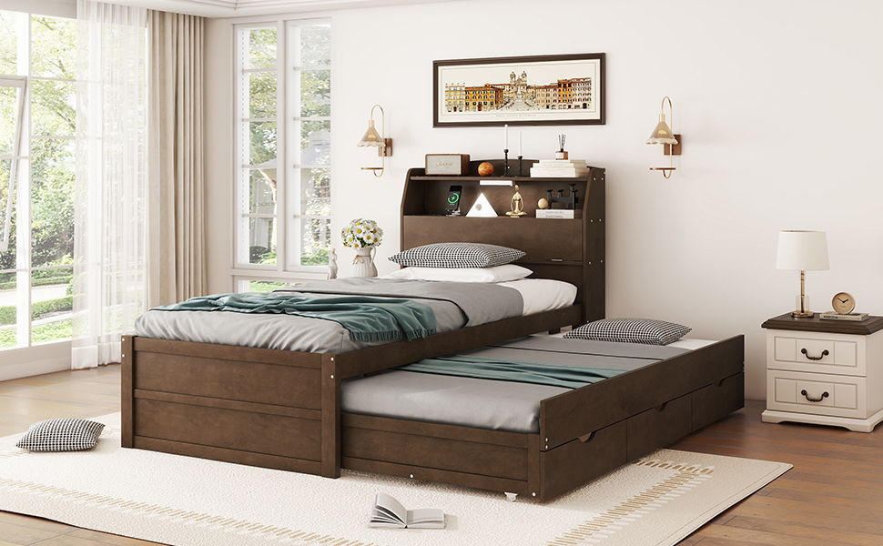 Wooden LED Platform Bed With Trundle, With Storage Headboard, With Drawers