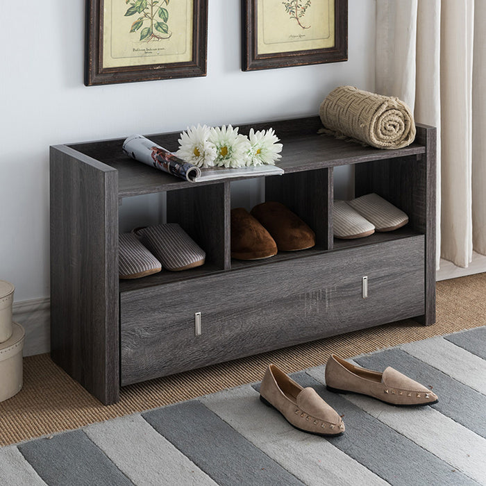 Shoe Entry Bench With Three Shelves, One Drawer With Divided Compartment - Distressed Grey