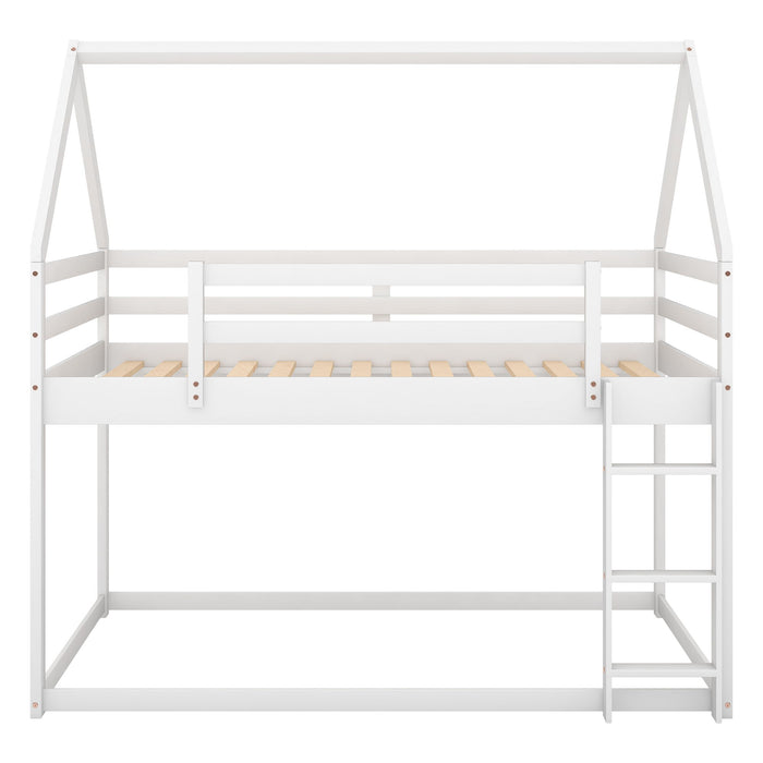 Twin Over Twin Low Bunk Bed, House Bed With Ladder - White