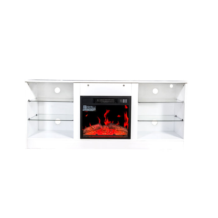 Fireplace TV Stand With 18" Electric Fireplace Heater, Modern Entertainment Center For TVs Up To 62" With Adjustable Glass Shelves And Storage Cabinets