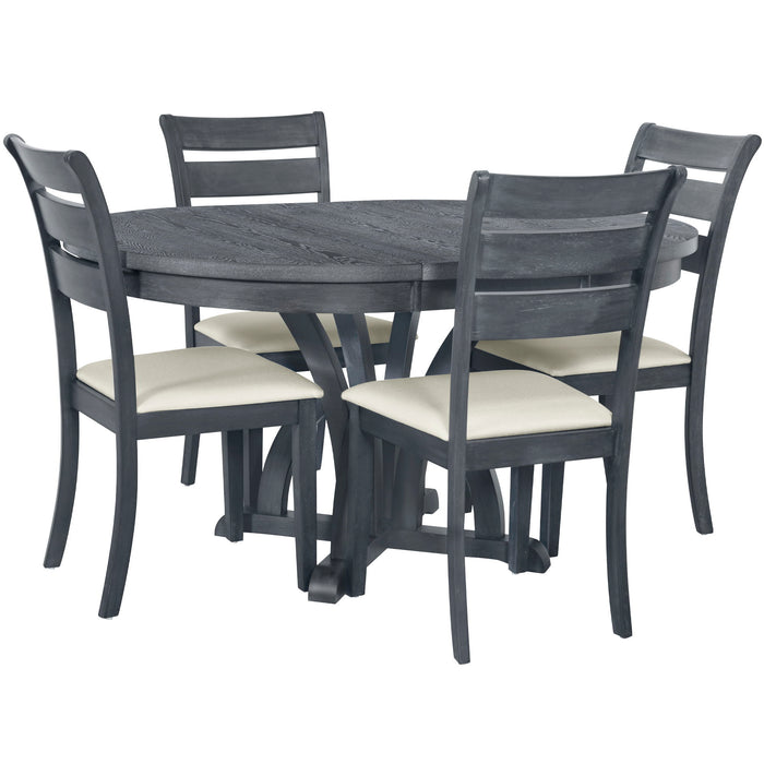 Topmax - 5 Piece Farmhouse Round Pedestal Extending Dining Table Set Extendable Kitchen Table Set With Removable Leaf And Ladder Back Dining Chairs For Small Places