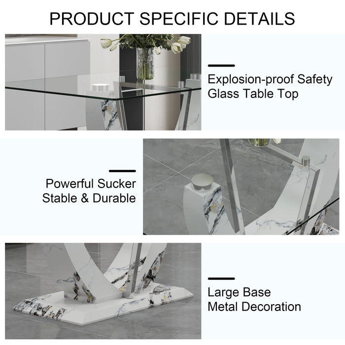 Table And Chair Set, Large Modern Rectangular Glass Table, Can Accommodate 6-8 People, Equipped With A 0.39" Tempered Glass Tabletop And MDF Table Legs.Paired With Comfortable And Soft Chairs - White / Pearl Silver