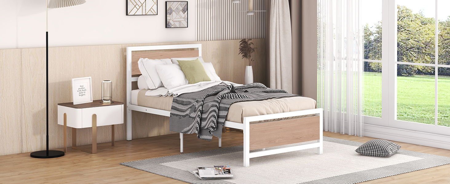 Platform Bed, Metal And Wood Bed Frame With Headboard And Footboard