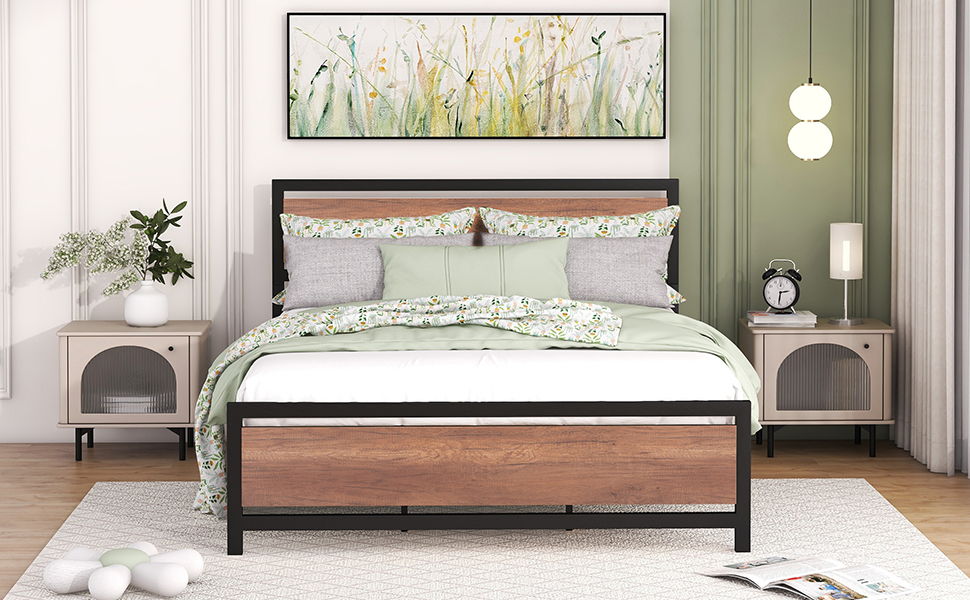 Platform Bed, Metal And Wood Bed Frame With Headboard And Footboard