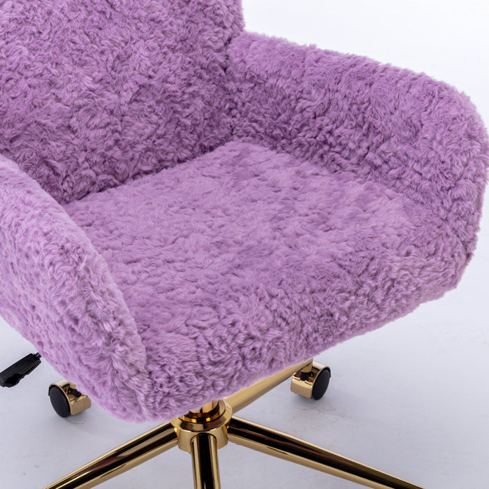 Office Chair, Artificial Rabbit Hair Home Office Chair With Golden Metal Base, Adjustable Desk Chair Swivel Office Chair, Vanity Chair