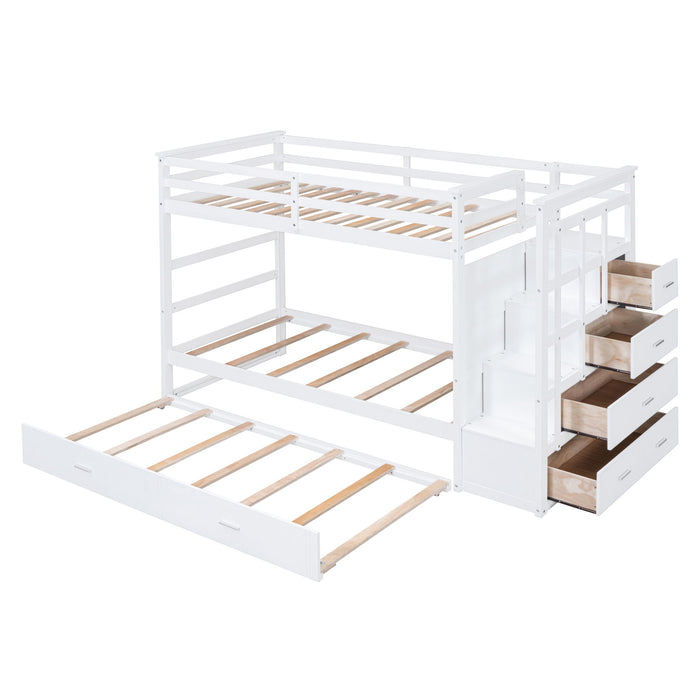 Twin Over Twin Bunk Bed With Trundle And Staircase - White