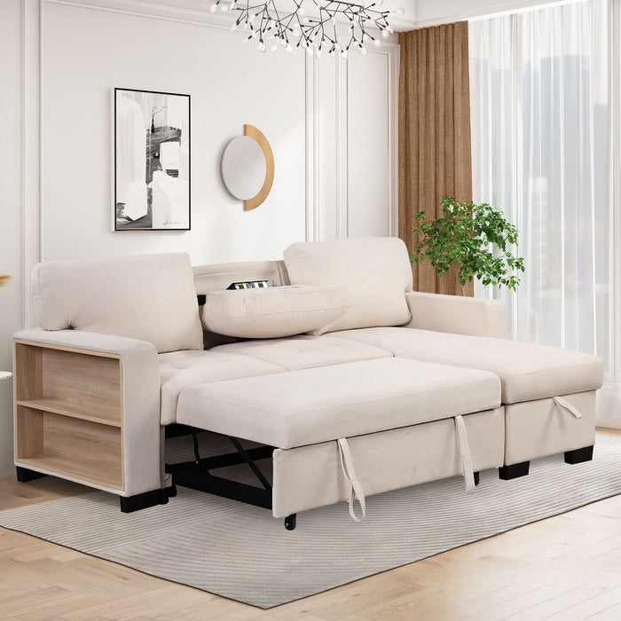 Stylish And Functional Light Chaise Lounge Sectional With Storage Rack Pull-Out Bed Drop Down Table And USB Charger