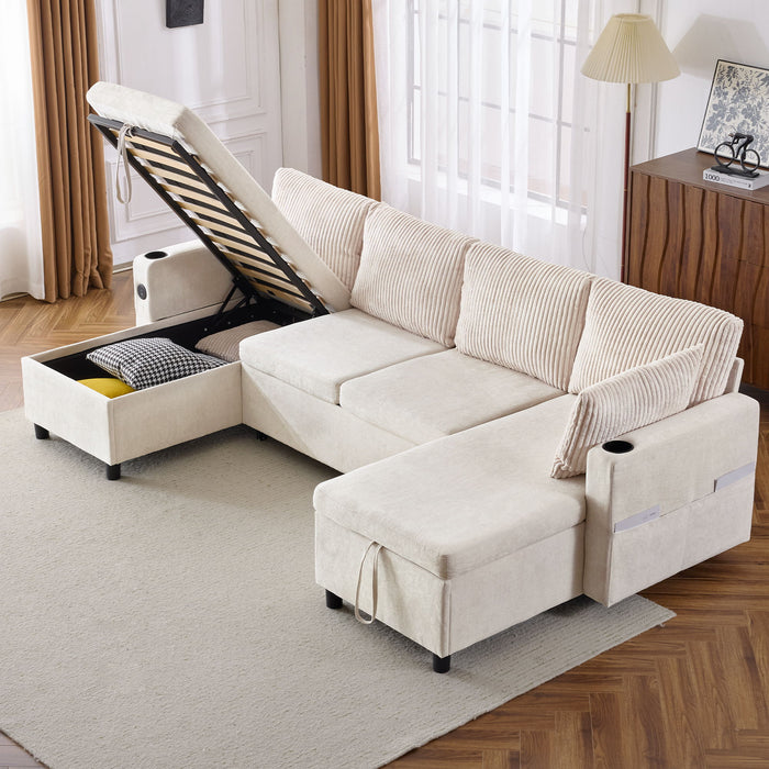 Sectional Sofa Pull Out Sofa Bed Versatile Sofa Sleeper With Large Storage Space, Two USB Ports And Two Cup Holders For Living Room