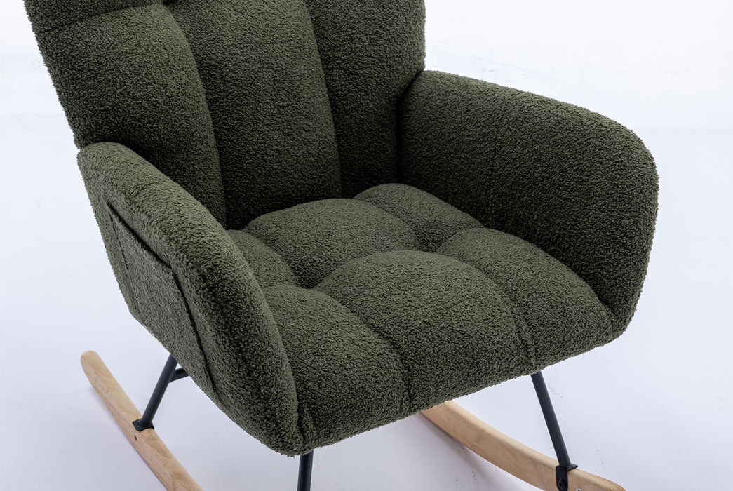 30.3" Rocking Chair With Pocket, Soft Teddy Fabric Rocking Chair For Nursery, Comfy Wingback Glider Rocker With Safe Solid Wood Base For Living Room Bedroom Balcony - Dark Green