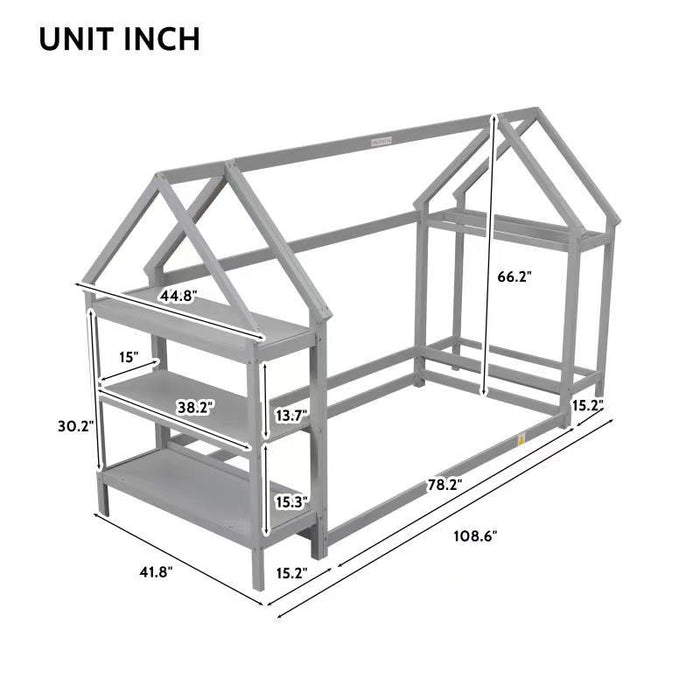 Wood House Bed With Storage Shelf And Hanger, Kids Bedroom Set