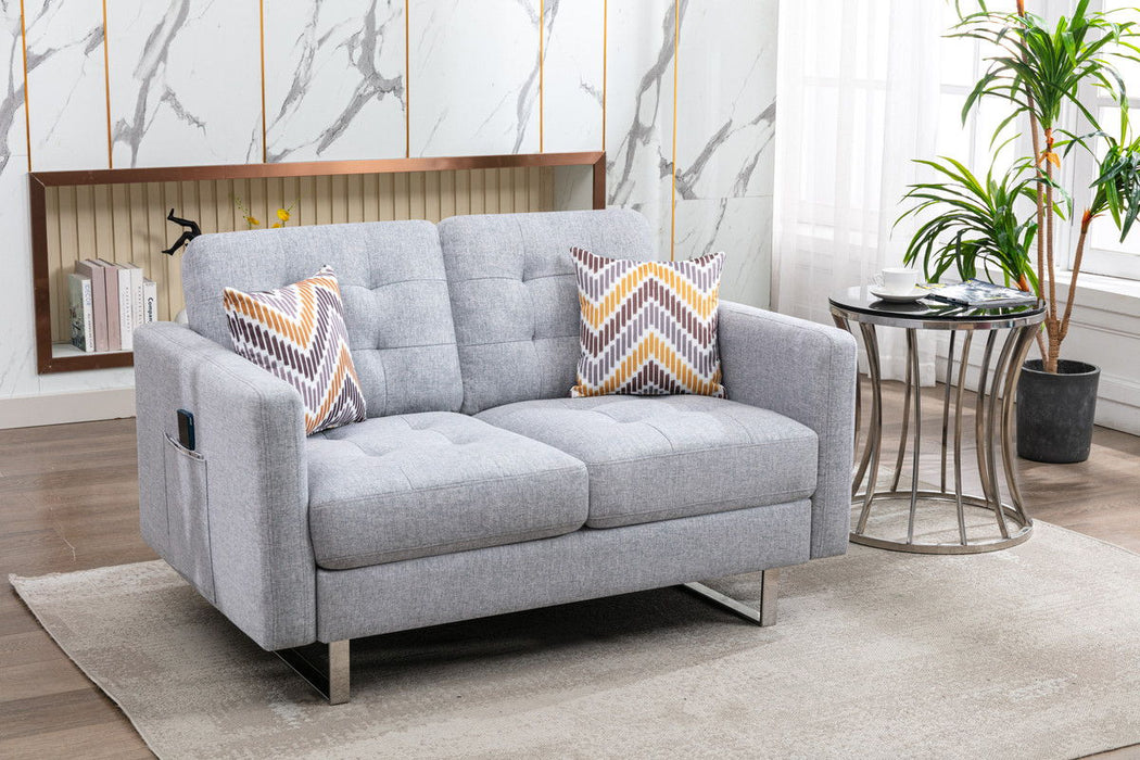 Victoria - Linen Fabric Loveseat With Metal Legs, Side Pockets, And Pillows