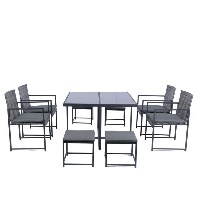 9 Pieces Patio Dining Sets Outdoor Space Saving Rattan Chairs With Glass Table Top Wicker And Cushion - Dark Gray