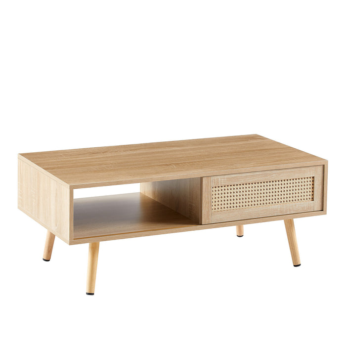 41.34" Rattan Coffee Table, Sliding Door For Storage, Solid Wood Legs, Modern Table For Living Room