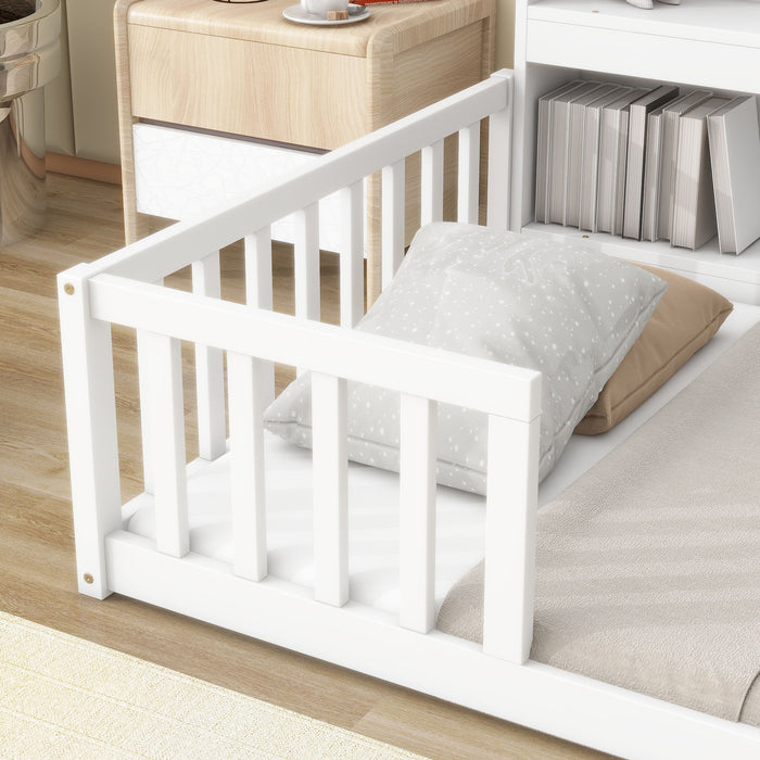 Floor Bed With Bedside Bookcase, Shelves, Guardrails